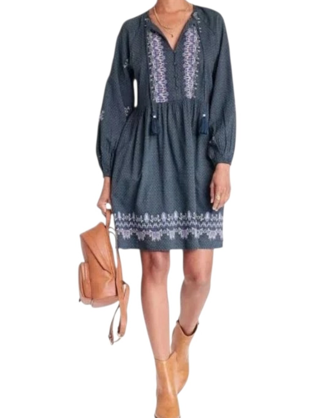 Knox Rose Balloon Sleeve Embroidered  Dress in Navy Size Large Long Sleeves